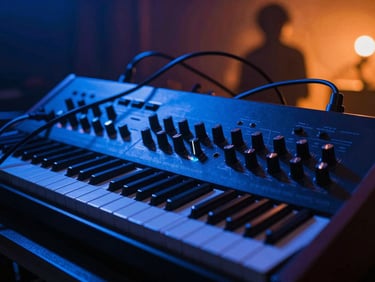 A close-up of a vintage analog synthesizer patch bay with glowing patch cables under high-contrast blue light.