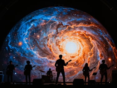 Silhouetted band members performing under a massive planetarium dome projecting deep-space nebulae, 35mm lens.
