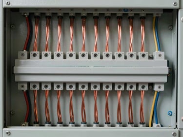 Symmetrical shot of an immaculate electrical panel, perfectly routed parallel copper wires in neat vertical lines, clean technical modernism
