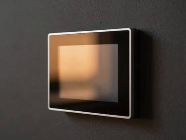 Macro close-up of a flush-mounted smart home control screen on a dark matte wall, reflecting warm amber ambient lighting from a minimalist modern interior, clean architectural alignment.