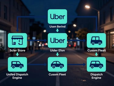 Sleek vector workflow diagram showing order flow from store to unified dispatch engine to Uber and custom fleet icons, electric cyan and deep navy lines