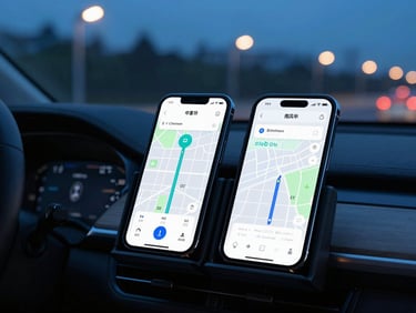 Close-up of a mobile driver app showing active GPS route on a map, mounted on a vehicle dashboard at dusk, cool blue and cyan lighting