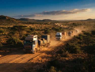 Wide environmental shot of heavy cargo transport trucks moving along a dusty sub-Saharan road under warm golden-hour sunlight, cinematic 35mm