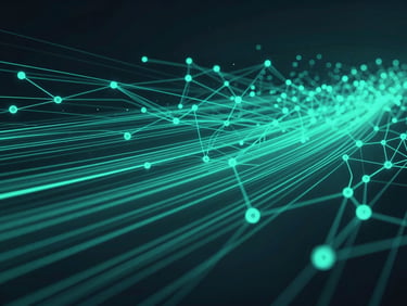 Abstract visualization of data packets rapidly moving through a network of servers, vibrant electric teal streaks, dark slate background, sharp focus.
