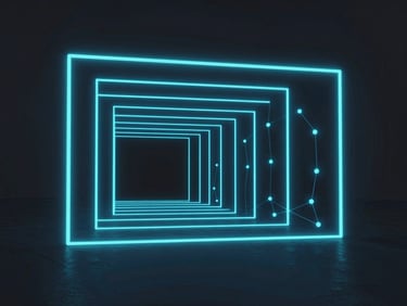 Minimalist architectural lines forming a secure tunnel, representing data routing, cool blue and teal neon lighting, high contrast.