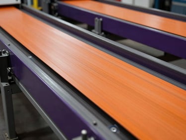 Image of a heavy-duty conveyor belt system, industrial setting, materials moving, bright lighting, 35mm lens.