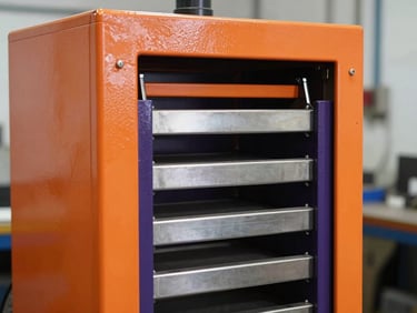 Close-up of a vertical baler, heavy-duty steel, bright workshop lighting, vibrant orange control panel, 35mm lens.