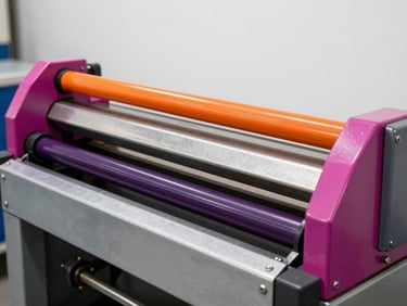 Close-up of a horizontal baler, heavy-duty steel, bright workshop lighting, fuchsia accents, 35mm lens.
