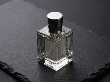 Elegant glass perfume bottle with metallic silver cap on a dark slate surface, soft dramatic studio lighting, high-contrast reflections