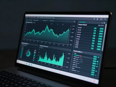 Sleek dark-mode financial terminal showing real-time data visualizations, sharp charts, and electric-teal telemetry feeds, cool low-key studio lighting.