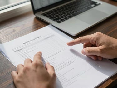 Extreme close-up of two hands pointing at printed audit findings spread across a dark wood table, a laptop open to a spreadsheet visible at the upper edge, north-facing daylight from a side window casting clean shadows, papers annotated in pen, no people visible beyond the wrists