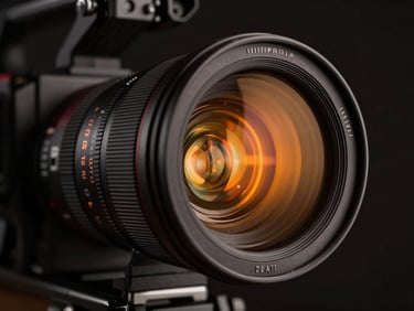 Tight dynamic macro shot of a high-end studio video camera lens reflecting warm orange neon lights in a dark production room.