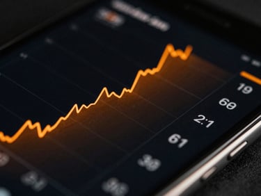 High-contrast macro shot of a sleek mobile interface displaying real-time analytics graphs with glowing orange lines, dark obsidian background