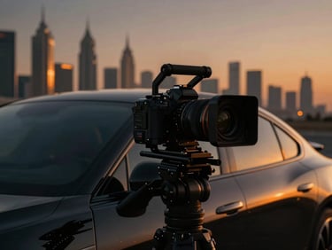 Cinematic close-up of a high-end camera rig filming a luxury car against the Dubai skyline at golden hour, warm orange neon reflections on polished metal, low-key lighting