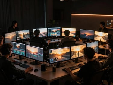 A creative team collaborating over glowing monitors in a dark studio, editing high-impact video footage with warm orange accents, wide cinematic framing