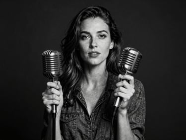 High-contrast black and white archival photo of Daría Ras holding a vintage microphone, harsh direct flash, dark background, unposed.