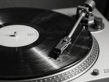 Extreme close-up of a spinning black vinyl record on a vintage analog turntable, harsh high-contrast black and white lighting, deep shadows, dust particles visible in the air