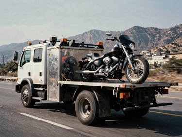 Shot of a heavy-duty service truck with a Harley-Davidson motorcycle loaded onto its bed, driving on a highway with mountains in the background, high-contrast, industrial, 35mm film style.