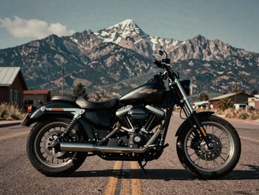 Wide shot of a Harley-Davidson motorcycle parked on a street in Colorado Springs, with Pikes Peak in the background, moody lighting, rugged aesthetic, 35mm film style.
