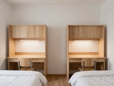 Symmetric twin student bedroom with two separate study desks, clean bedding, and modern minimalist wooden partitions.