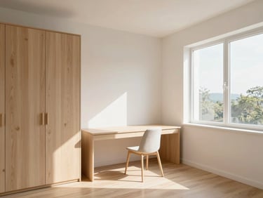 Bright minimalist single student bedroom with a clean desk, wooden wardrobe, and large window letting in natural morning sunlight.