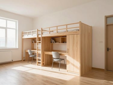 Spacious modern student suite with a separate study alcove, clean lines, and soft warm wood accents under bright daylight.