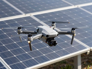 Close-up technical shot of a professional quadcopter drone hovering over a solar array, bright daylight, high-contrast slate and blue tones, sharp details