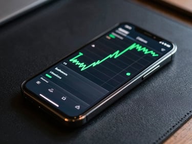 Close-up of a physical Galaxy Ultra phone resting on a dark desk, displaying a complex system trace graph with electric green lines, sharp side lighting.