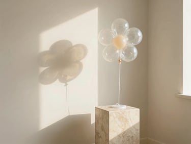 A minimalist sunlit living room decorated with a single transparent flower balloon on a beige marble pedestal, soft shadows, elegant editorial feel.