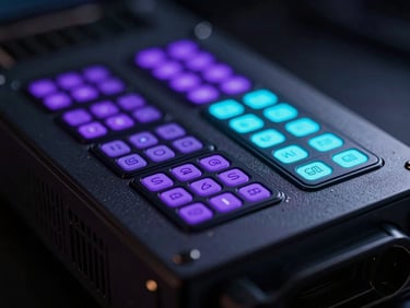 Macro close-up of high-end forensic server hardware with glowing violet and neon cyan LED indicators, low-key dramatic backlighting, cyber-noir aesthetic.