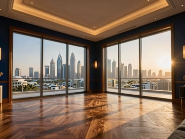 Wide-angle architectural shot of a luxury Dubai villa living room with floor-to-ceiling windows, overlooking the Downtown skyline, warm golden hour sun casting dramatic shadows on bespoke wooden flooring