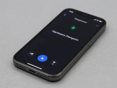 Crisp macro product photography of a smartphone screen running a hardware diagnostic test, bright neutral studio lighting, slate gray background