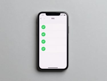 A top-down technical flat lay of a smartphone showing a diagnostic screen with green checkmarks, clean slate gray background, bright neutral studio lighting
