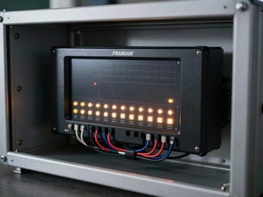 Close-up of a premium digital billboard controller unit inside an outdoor enclosure, clean wiring, illuminated status LEDs, technical precision, night setting.