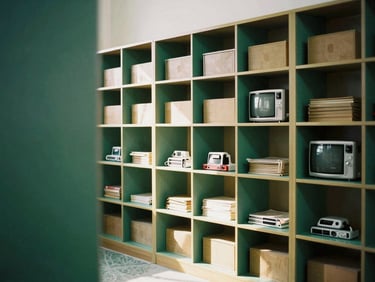 Clean, well-maintained shelves of a mosque library and equipment storage, soft natural light, organized and tidy, 35mm photography
