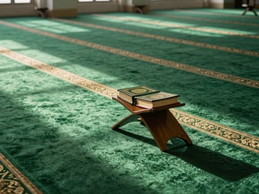 Clean architectural shot of the main prayer hall of a mosque, soft morning light illuminating green carpets and neatly stacked Al-Qur'an books on wooden stands, deep emerald tones.