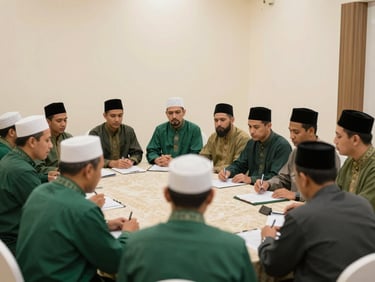 An organized meeting of mosque committee members in a clean, modern room, discussing on a table with documents, warm lighting, respectful angle, 35mm