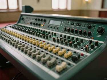 Close-up of a modern professional audio mixer and amplifier inside a mosque control room, warm interior lighting, neat cabling, high-quality audio equipment.
