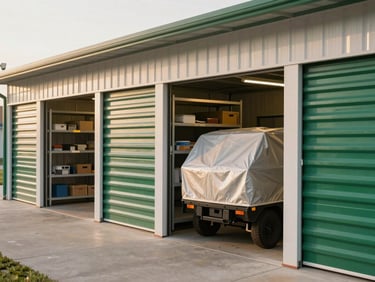 Medium environmental shot of a clean, organized storage facility in a community building, showing neat shelves and a covered utility vehicle in soft morning light.