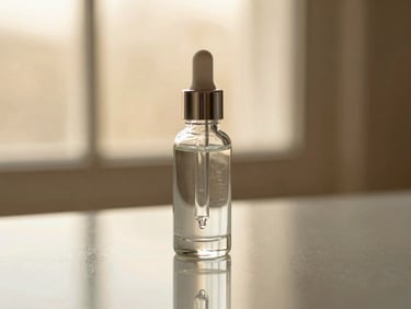 Clear serum dropper bottle with active concentrations on a reflective glass surface, warm editorial beauty photography