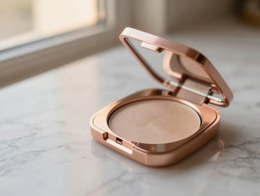 Elegant compact powder with rose gold accents on a marble surface, soft golden-hour light, shallow depth of field