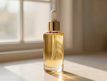 Luminous hair oil bottle reflecting healthy hair texture, soft window light, high-end product photography