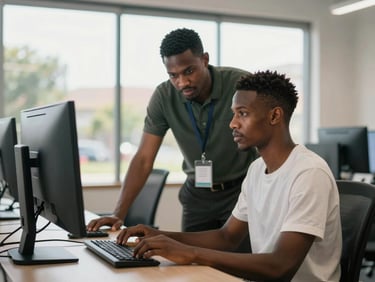 Medium shot of a professional training environment in Gaborone, a mentor guiding a candidate over a modern workstation, bright natural daylight, high contrast.