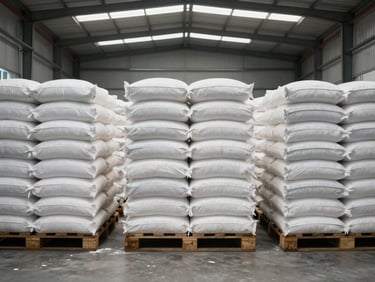 Wide view of a distribution warehouse interior, stacked white bleaching powder sacks in uniform rows on pallets, even fluorescent overhead lighting, concrete floor, no people, direct frontal framing showing inventory depth