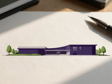 Minimalist architectural landscape sketch on a heavy paper layout, soft shadows, drafting tools nearby, precise clean design