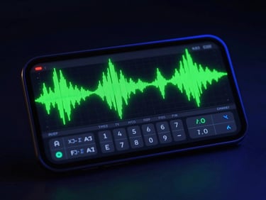A high-fidelity mobile screen mockup displaying a live-streaming audio deck, glowing neon green waveforms, deep black background