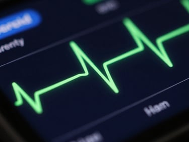 Macro close-up of a sleek Android health app interface, showing real-time heart rate graphs in neon green, high-contrast dark mode