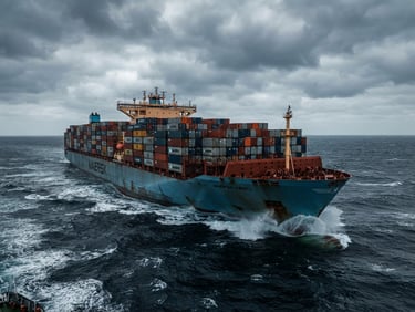 Wide-angle environmental shot of a massive container vessel at sea under overcast maritime skies, crisp daylight, deep steel blue tones.