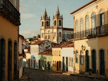 Panoramic view of Salvador Bahia historic Pelourinho, pastel-colored colonial buildings, warm afternoon sun, cinematic framing