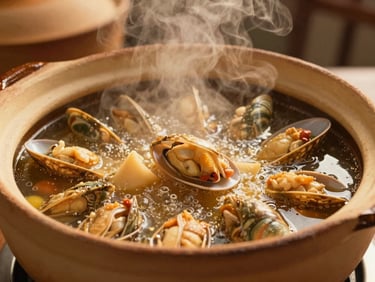 Close-up of a traditional clay pot with boiling seafood stew, steam rising, warm golden kitchen lighting